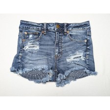 American Eagle Hi Rise Shortie Shorts Size 2 Distressed Denim Next Level Stretch