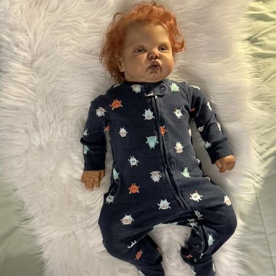 OOAK Medium Light Boy Baby Doll Wavy Red Hair Hazel Eyes Blue Outfit -Marion