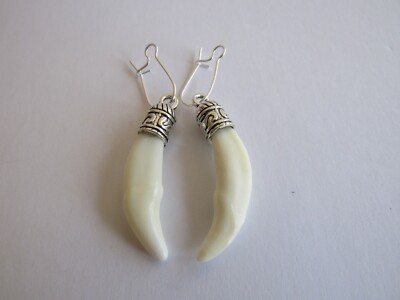 Coyote Teeth Earrings Tibetan Silver Dangle Animal Bone Jewelry Sterling Kidney