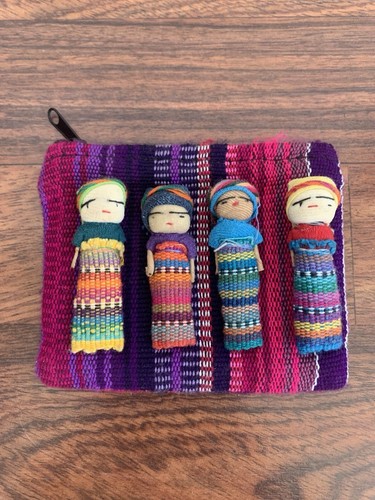 4 Worry Dolls on a woven textile bag coin purse pink purple cute miniature dolls
