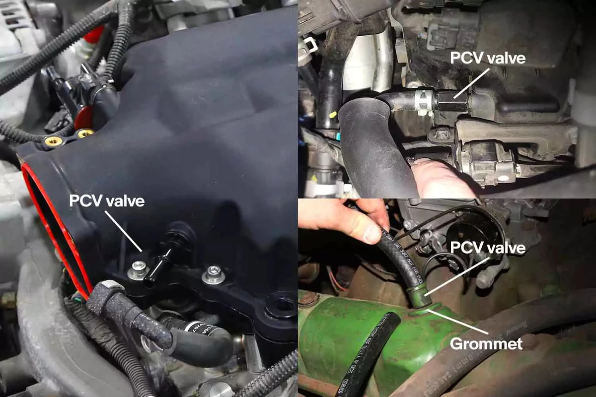 A collage of three different engines showing the various locations of the PCV valve.