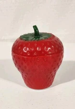 Vintage Retro Milk Glass Painted Strawberry Shaped Small Lidded Dish EUC