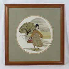 Finished Needlework Colonial Woman Matted Round in a Square Frame w/Glass