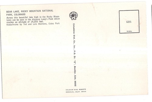 BEAR LAKE Long's Peak ROCKY MOUNTAIN NATIONAL PARK Colorado CO Postcard - Picture 2 of 2