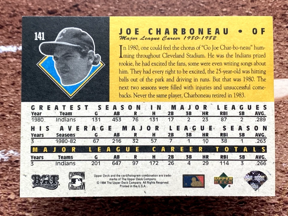 1994 Upper Deck All-Time Heroes Joe Charboneau #141 - Image 2 of 2
