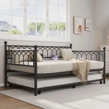 Daybed with Trundle,Twin Size Day Bed Frame with Charging Station & LED Lights