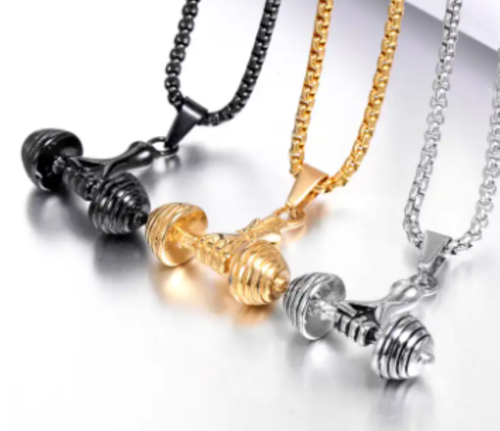 Plated Barbell Gym Weightlifting Exercise Hand Dumbbell Pendant Necklace Black - Picture 4 of 5