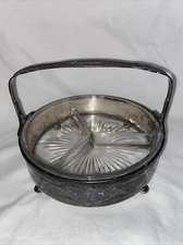 VINTAGE Mid Century Silver Plate Repousse Candy Nut Dish Divided Glass Insert