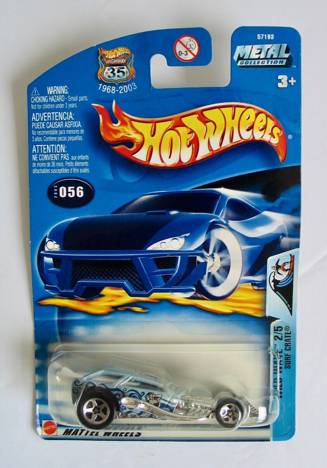 2003 Wild Wave 2/5 Surf Crate Hot Wheels Diecast Metal Car Surfboard Surfing NOS