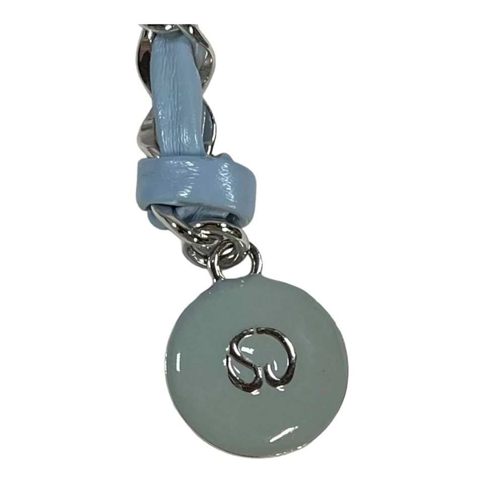 Vintage St John Enamel Baby Blue Leather 39" Chain Belt Triple Strand Logo Charm - Image 3 of 4