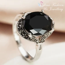 18K White Gold Plated Simulated Black Agate Vintage Oval Ring Fashion Jewellery