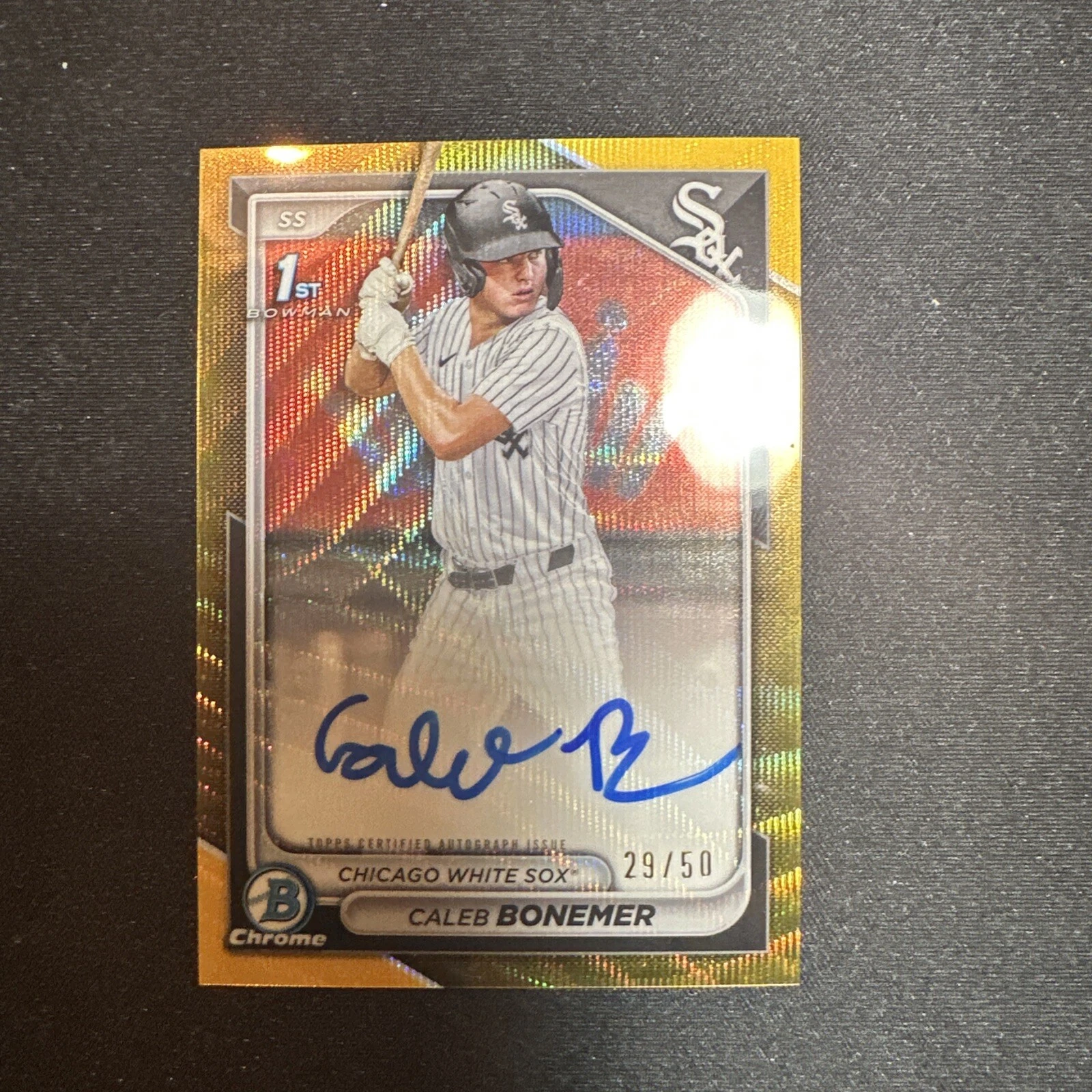 Caleb Bonemer 2024 Bowman Chrome Draft 1st Bowman Gold Wave Auto /50