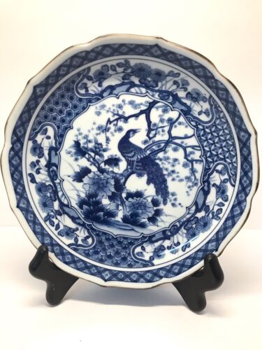 Vintage Andrea By Sadek Blue & White Porcelain Plate Peacock Floral 8.5” Signed - Afbeelding 1 van 6