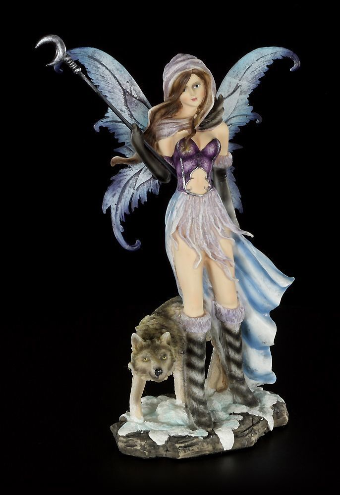 Figura de elfo - Luna con varilla lunar y lobo - Fantasy Fee Angel Statua - Fantasy F