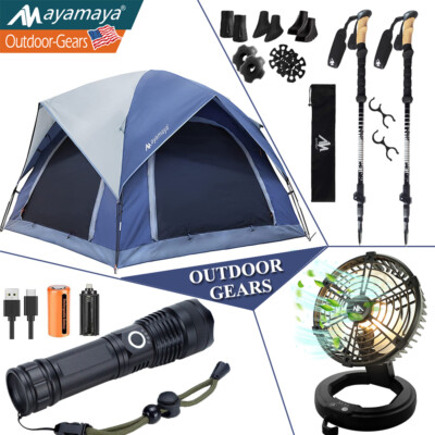 4 Person Camping Tent &Trekking Poles &Portable Tent Fan w/LED Light &Flashlight