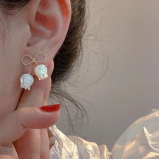 White Tone Bow Tulip Flower Stud Earrings Women Rhinestone Classic Jewelry