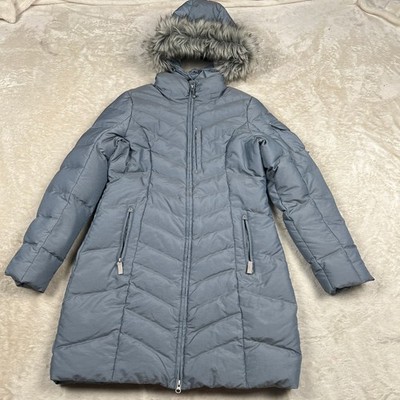Eddie Bauer Coat Womens TM Hooded Long Puffer Goose Down Insulated Gray Faux Fur