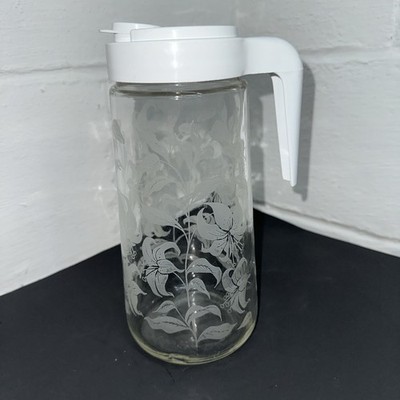 Anchor Hocking TANG Pitcher 1 Qt Glass Etched Lily White Lid VTG 1970s