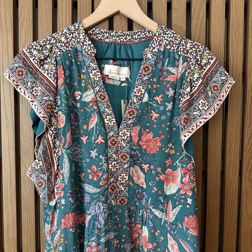 Anthropologie Zenia Minikleid Damen XS Grün Blumen V-Ausschnitt Taschen Boho Neu mit Etikett! - Bild 4 von 9