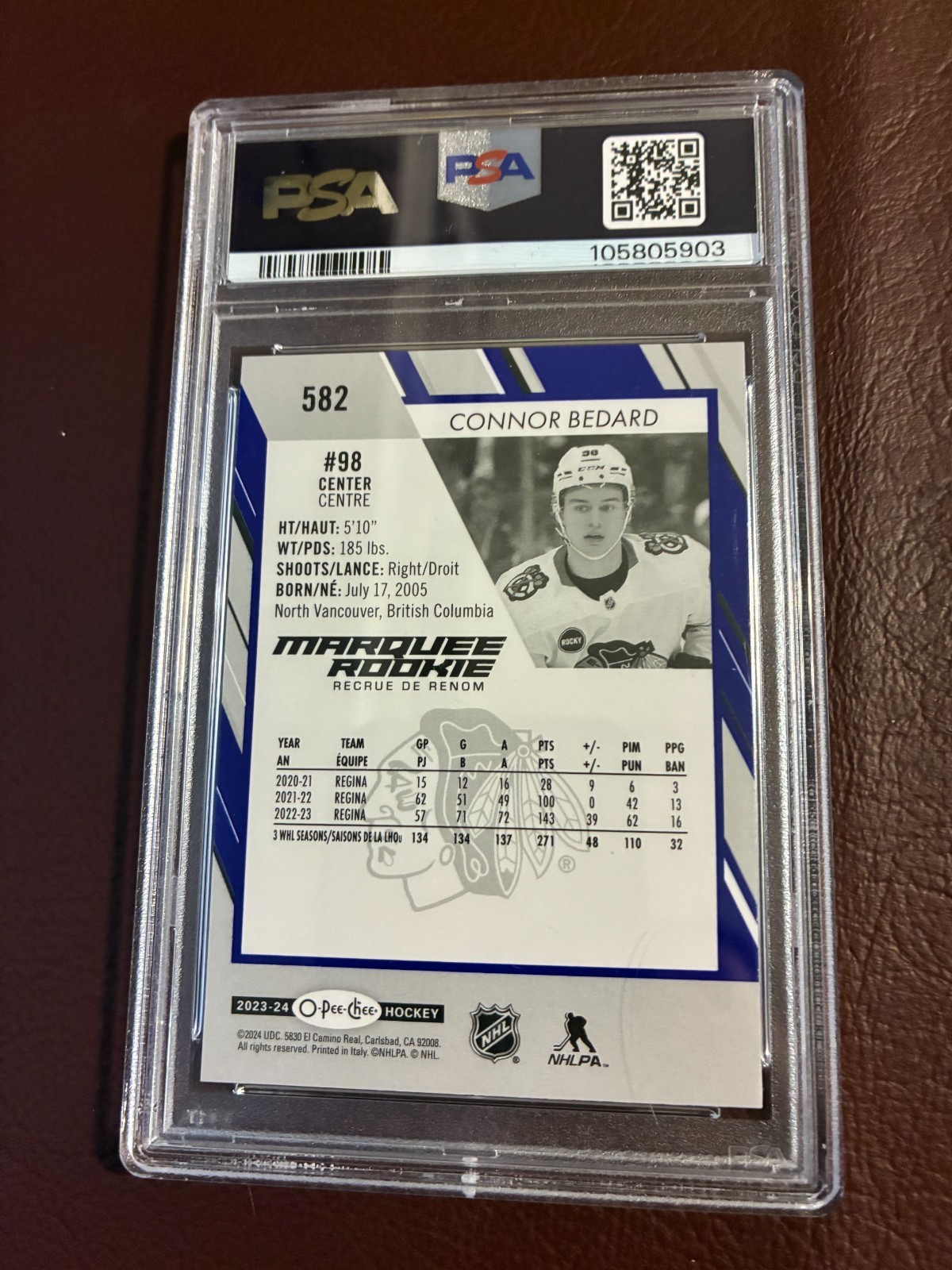 2023-24 O-Pee-Chee Connor Bedard Marquee Rookie Blue Border PSA Graded 10 view 2