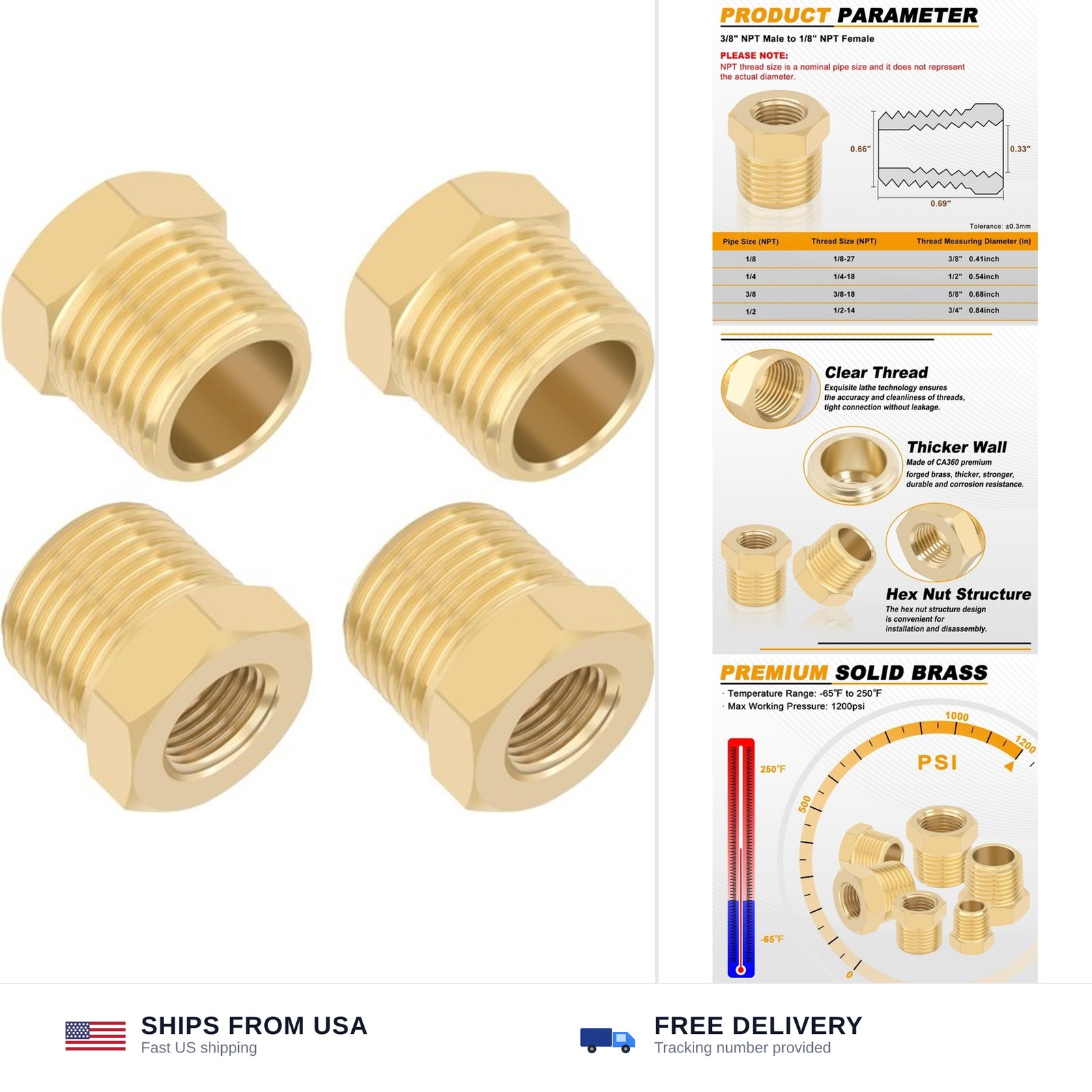 4pcs 3/8 x 1/8 NPT Brass Hex Reducer Bushing Adapter Fitting Male Female