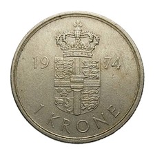 1974 Denmark 1 Krone – Queen Margrethe II Copper-Nickel Coin KM#862 E470