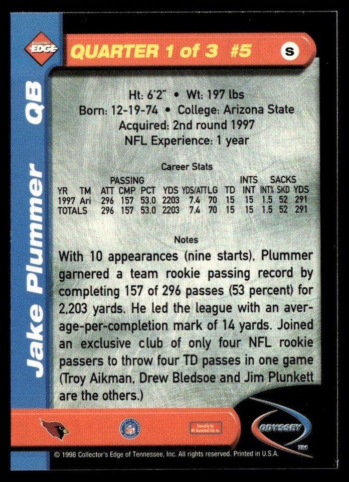 1998 Collector's Edge Odyssey Jake Plummer Arizona Cardinals #5 | eBay