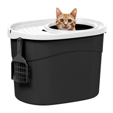 IRIS Top Entry Cat Litter Box, Large, with Litter Catching Lid Scoop,Black/White