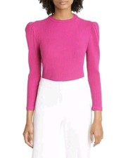 Farm Rio Women's Size S Pink Ribbed Stretch Bodysuit Puff Sleeve Organic Cotton