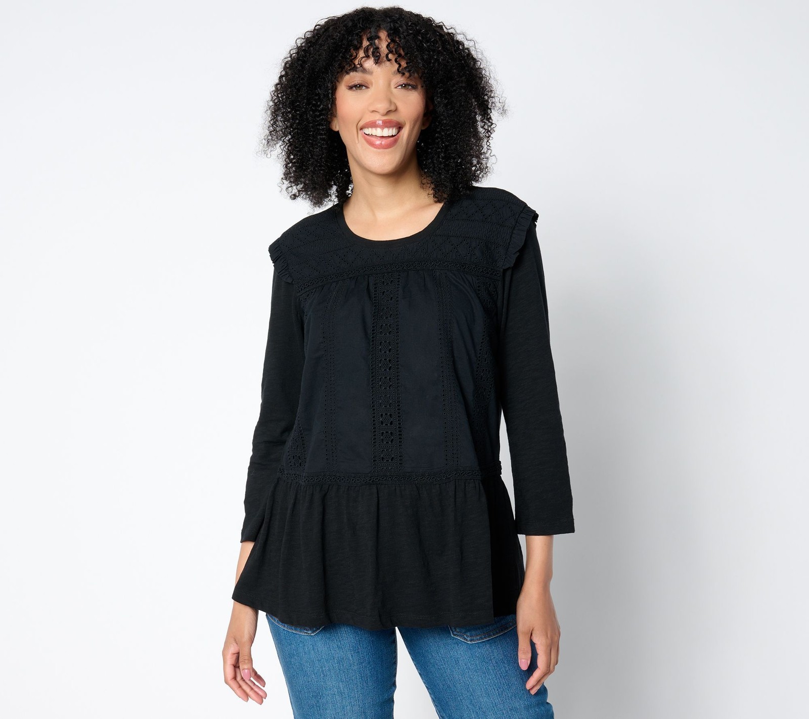 LOGO by Lori Goldstein Women's Top Sz XS Sleeve Scoop Neck Lace Black A658934