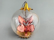 Resl Lenz W Germany Gold Foil Spinner Glass Ball Xmas Ornament Pink Butterfly