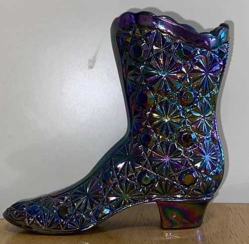 Vintage Fenton Black Amethyst Carnival Glass Boot Shoe Daisy Button 4" x 4"