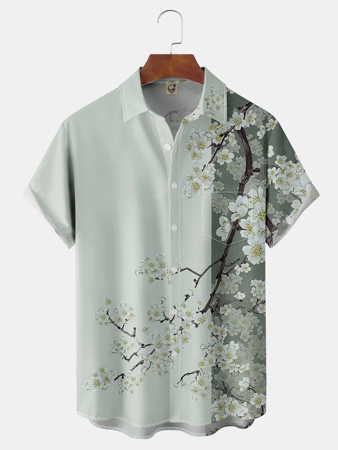 Japanese Sakura Floral Chest Pocket Hawaiian Shirt