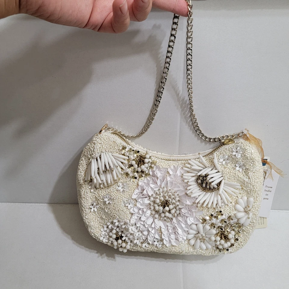 NEW Handcrafted in India Cream Gold Beaded Bag Bling Floral Chunky Festive Viral - Image 4 of 4