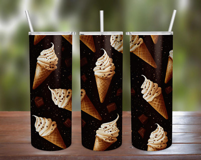 Ice Cream Cones 20oz 30oz Stainless Steel Tumbler Straw Lid Dessert Chocolate