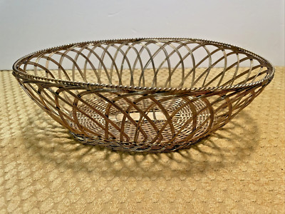 Vintage Antique French? Brass Woven Wire Oval Bread Basket Farmhouse Decor Gold
