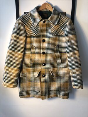 Vintage MOD Pendleton Wolljacke M/L 60er grün & cremefarben kariert gefütterter Mantel kariert
