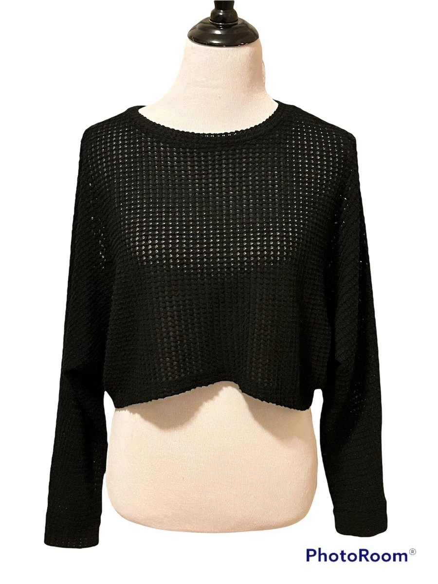 SAVVI Athletic Workout Cropped Sweater Women XS Open Knit BLACK