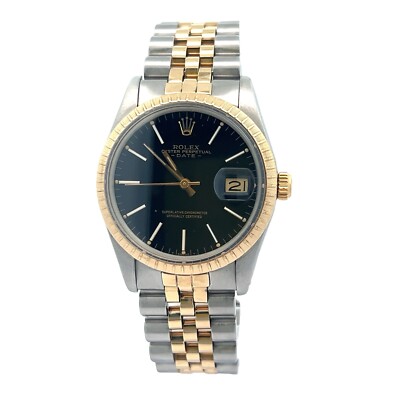 Rolex Date 15053 34mm Two-Tone Jubilee Gold Bezel Black Stick Dial