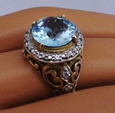 Ladies Vermeil 925 Gold Over Sterling Silver Blue Gemstone  CZ Ring Signed TN 7