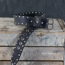 Aged Leather Belt. Studded. Skull Loop Design. 2” Wide. BLACK