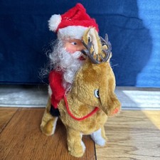 Vintage 1985 Santa Claus Riding Rudolph Reindeer Musical Toy With Lighted Nose
