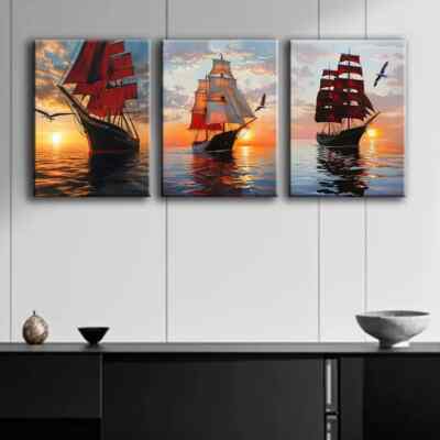 3pcs Sailboat at Sunset Decoration Sun Shine Wall Art Canvas Unframed/Framed