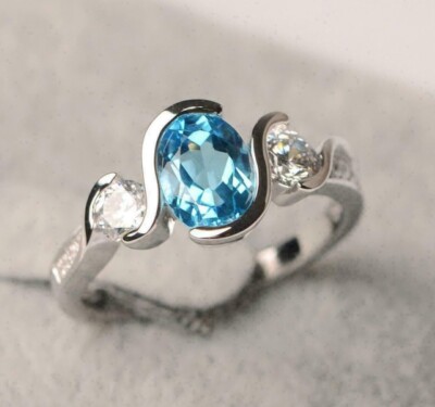 Oval Cut Simulated Blue Topaz Women's Gorgeous Band Ring 14K White Gold Plated