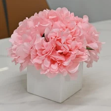 Pink Artificial Peony Flowers, Square White Ceramic Vase, Fake Bouquet, Decor