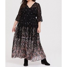 Torrid Dress Black Floral Print Sheer Chiffon Maxi Dress Tie Waist Size 0X NWT
