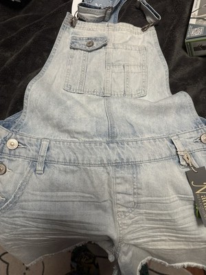 Natural Reflections Women s S Bleach Wash Denim Shortalls Blue Pockets Button