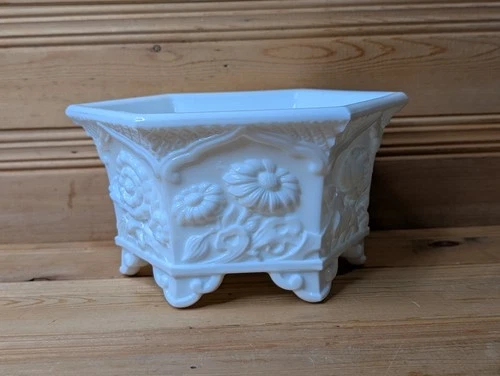Unmarked Fenton Milk Glass Hexagon Planter Bowl With Raised Flowers