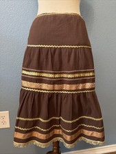 Vtg Nanette Lepore brown Tiered Gathered skirt W/Gold/Copper Metallic Trim Sz 8