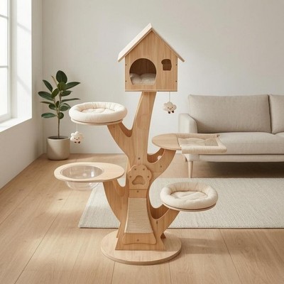Baumhaus Katzenstruktur Fensterausschnitte Holz Katzenbaum Massivholz